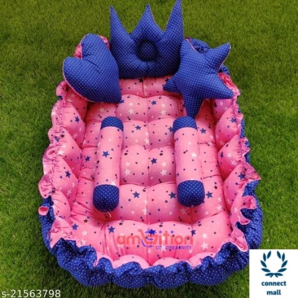 Unique Newborn Baby Round Tub Bedding Set, Reversible Bed Set Cum Mattress with 3 Multi Shape Pillows for Newborn to Toddlers (Pink & Blue) - Free Size, Pink & Blue, Cotton, Multipack 1, Rectangular